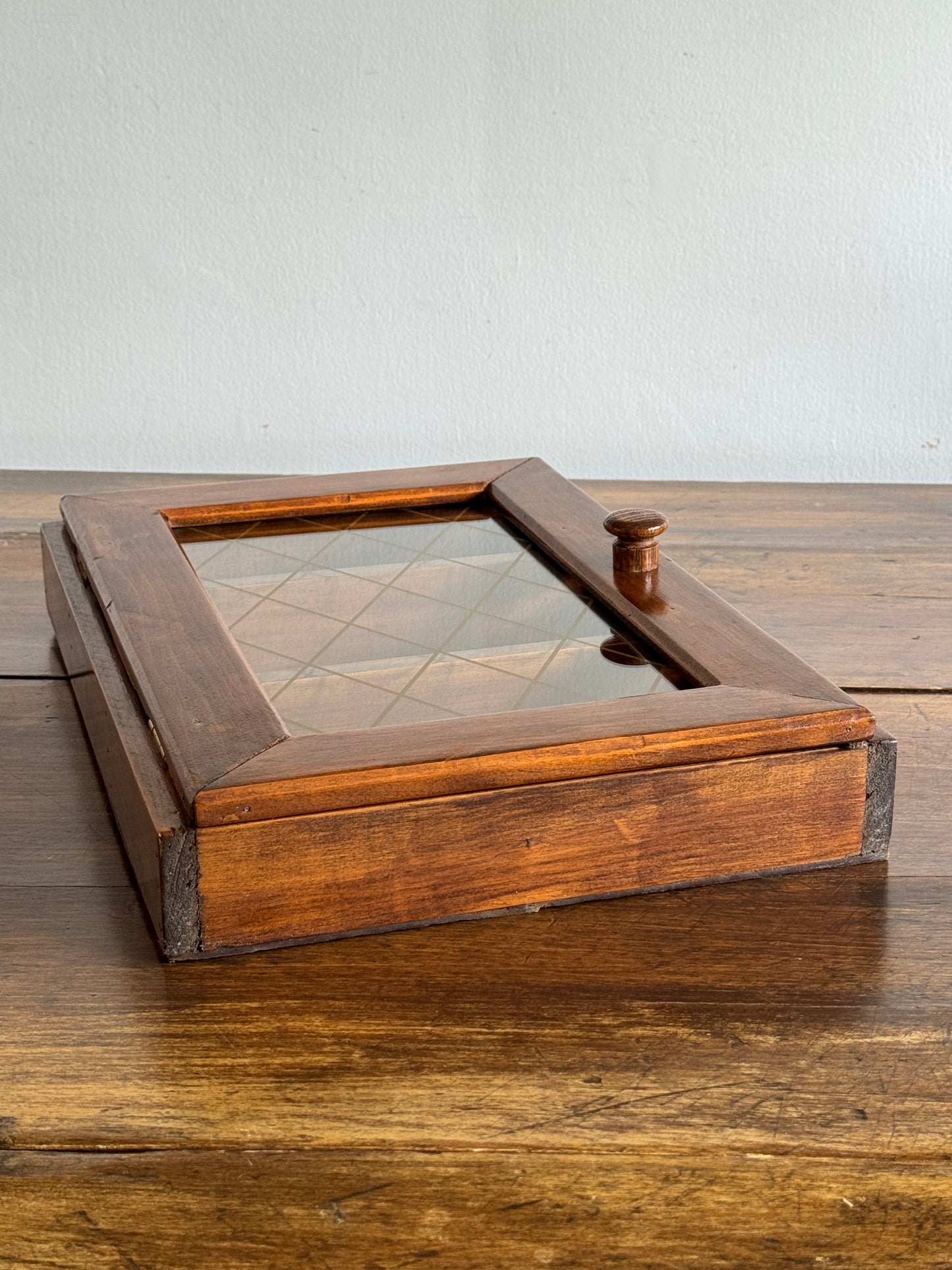 Vintage Shallow Wood and Glass Shelf with Multi Levels and Door