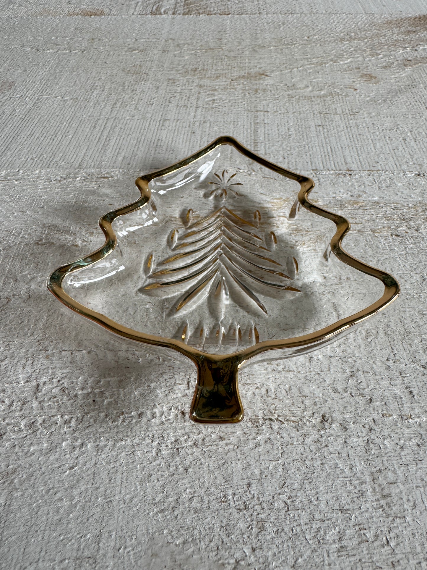 Vintage Clear Glass Christmas Tree Trinket Dish with Gold Trim - Mini Holiday Plate