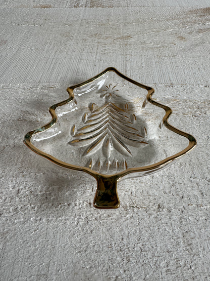 Vintage Clear Glass Christmas Tree Trinket Dish with Gold Trim - Mini Holiday Plate