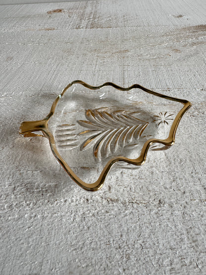 Vintage Clear Glass Christmas Tree Trinket Dish with Gold Trim - Mini Holiday Plate