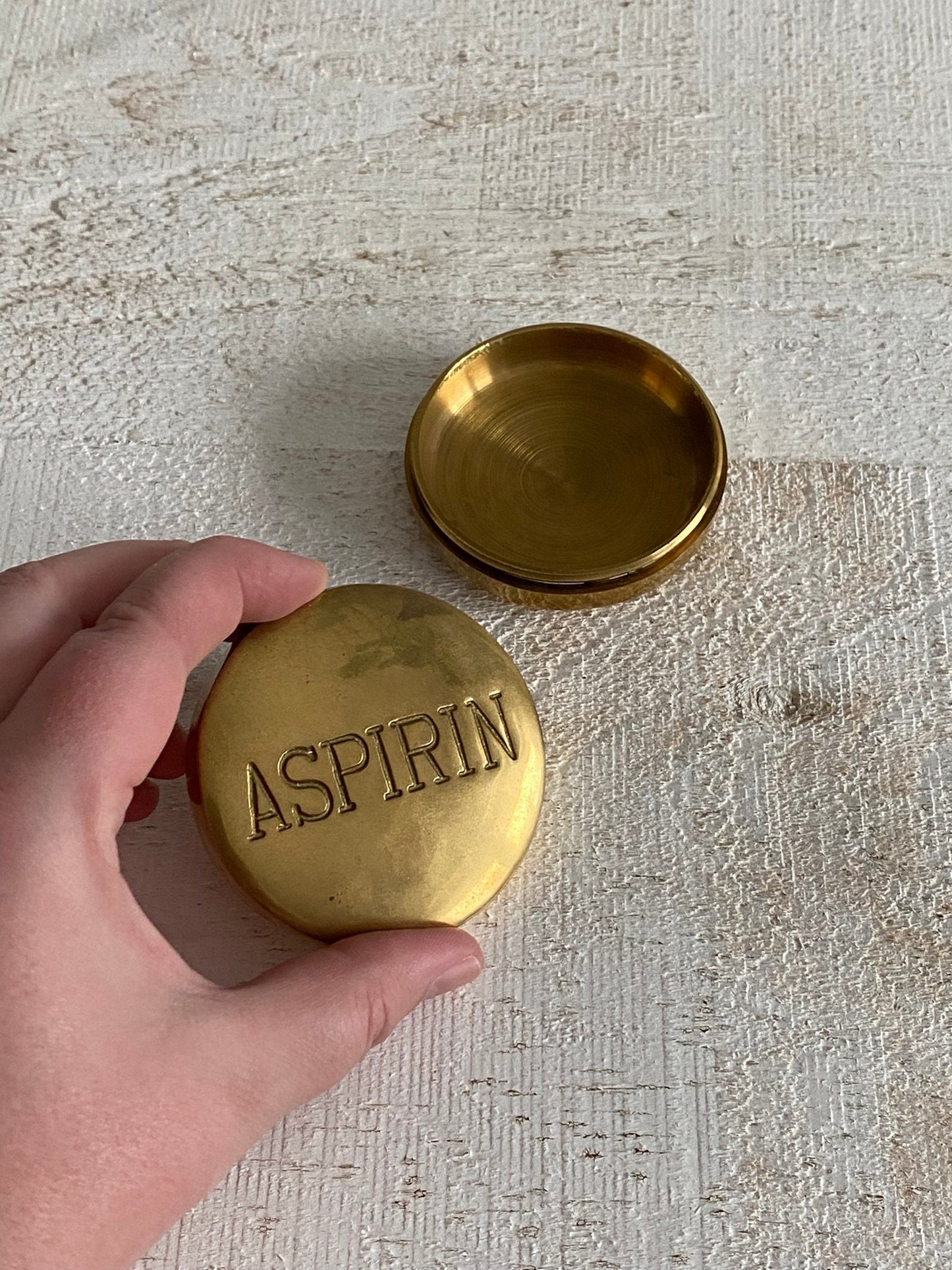 Vintage Brass Aspirin Pill Box - Brass Medication Stash Box - Brass Trinket Box Shaped Like Aspirin Pill