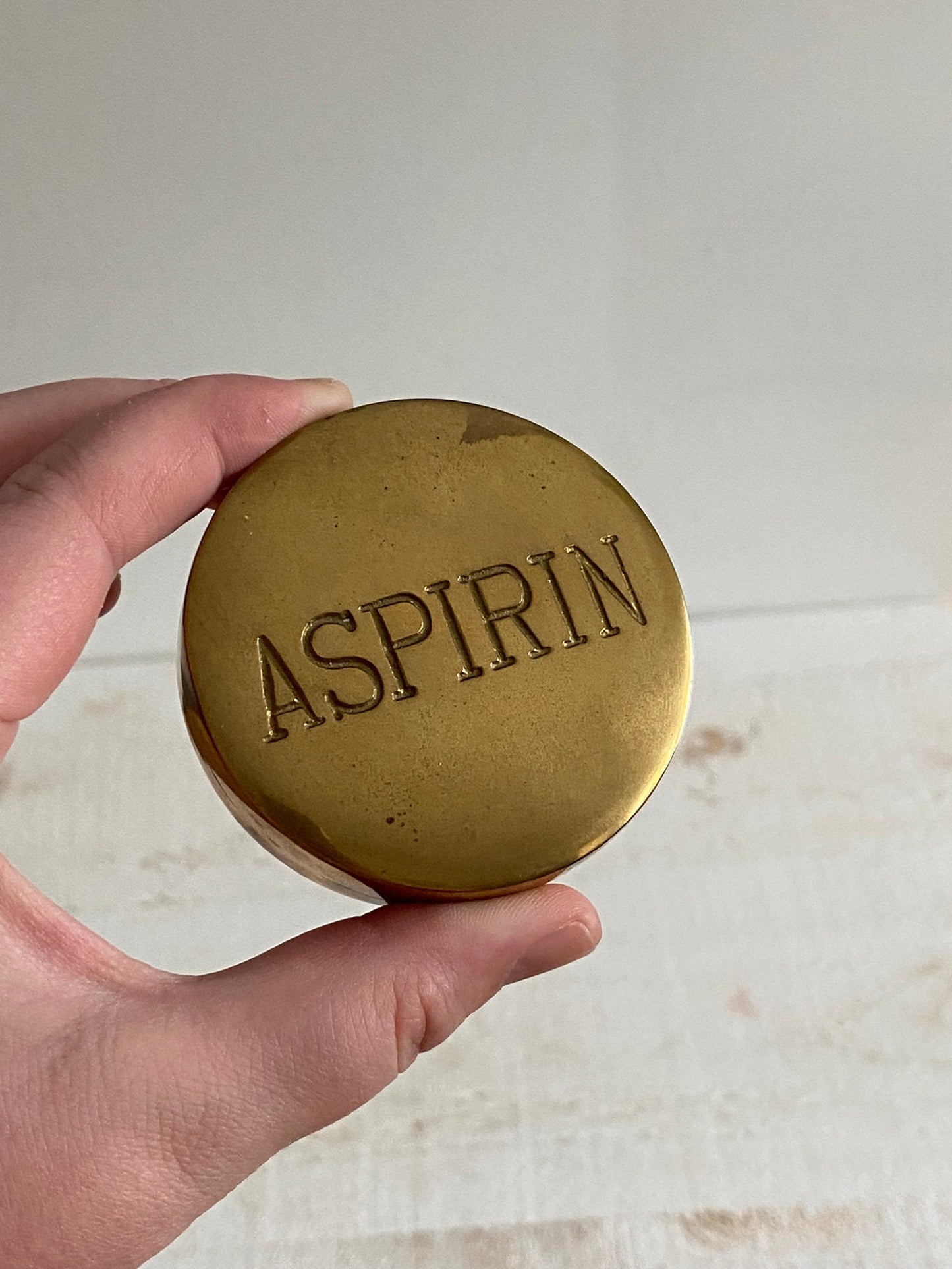 Vintage Brass Aspirin Pill Box - Brass Medication Stash Box - Brass Trinket Box Shaped Like Aspirin Pill