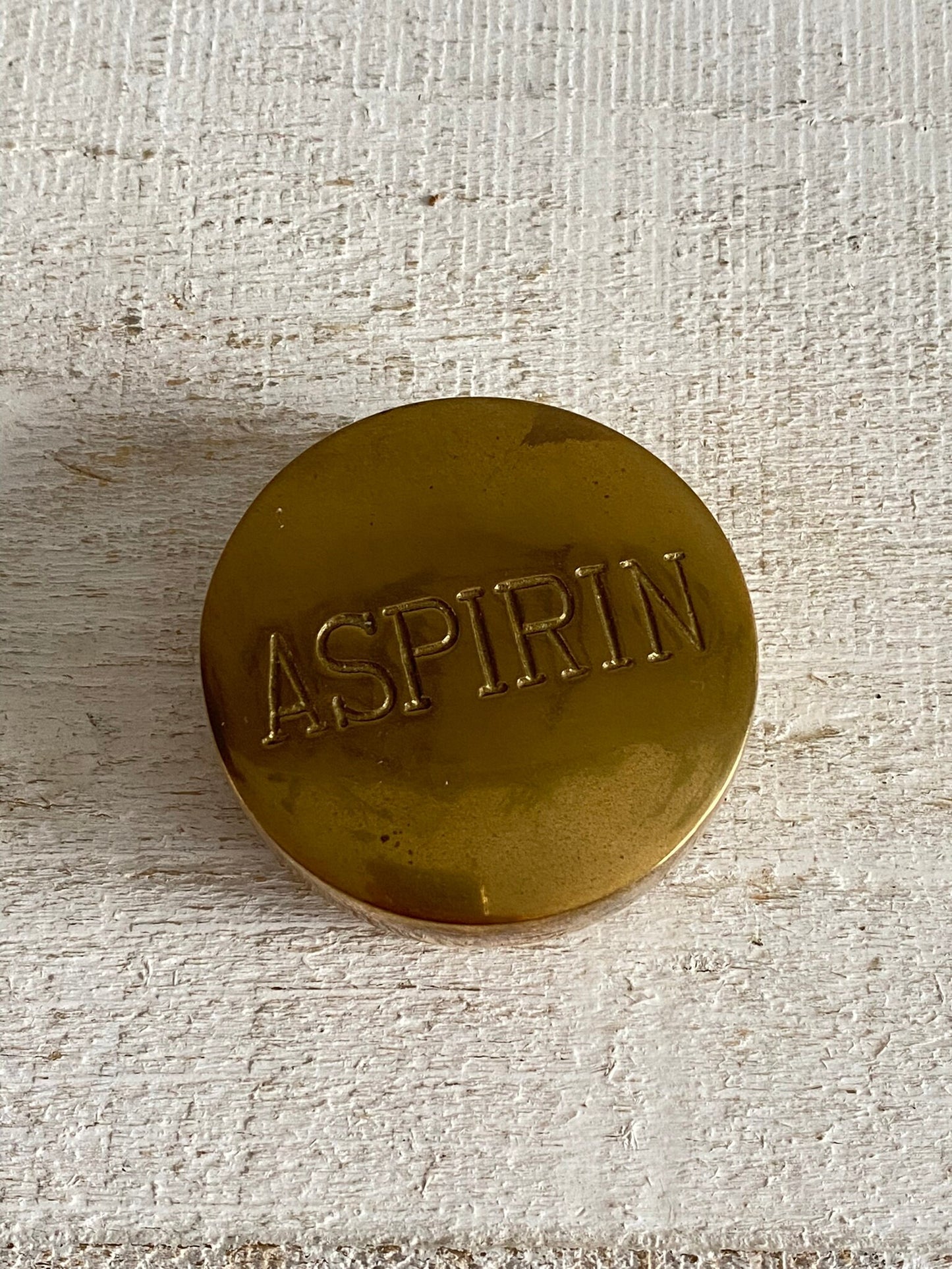 Vintage Brass Aspirin Pill Box - Brass Medication Stash Box - Brass Trinket Box Shaped Like Aspirin Pill