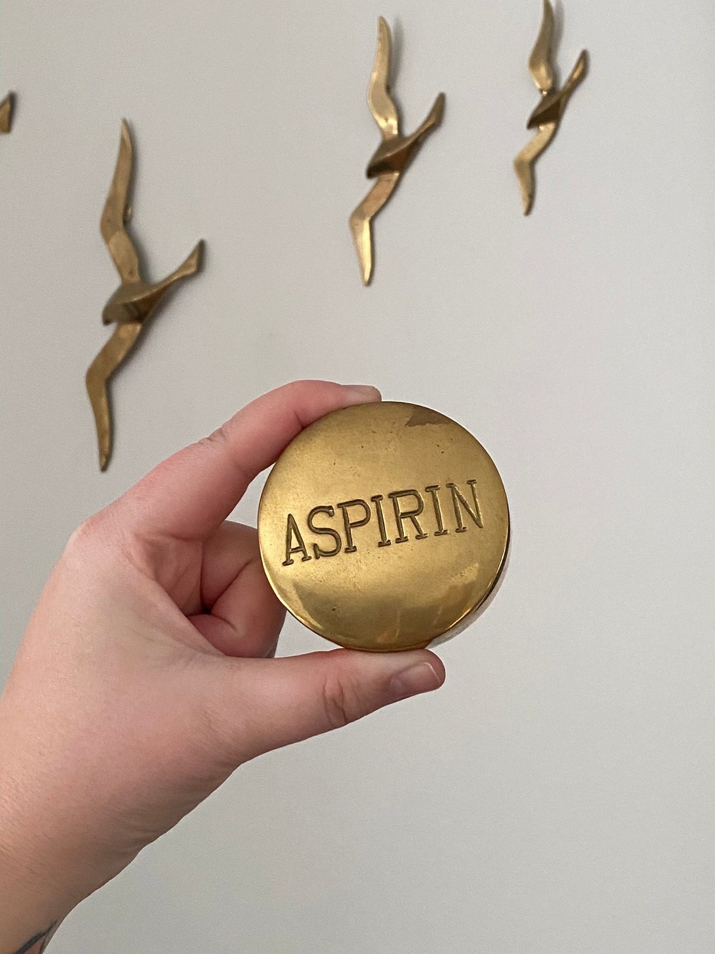 Vintage Brass Aspirin Pill Box - Brass Medication Stash Box - Brass Trinket Box Shaped Like Aspirin Pill