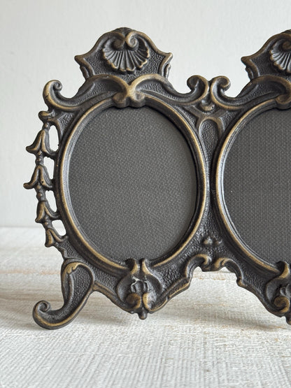 Vintage Ornate Metal Double Photo Frame with Stand - Detailed Metal Photo Frame Picture Holder