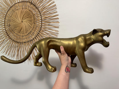 Substantial Vintage Modern Brass Panther Cat Sculpture - Vintage Brass Wild Cat Figurine
