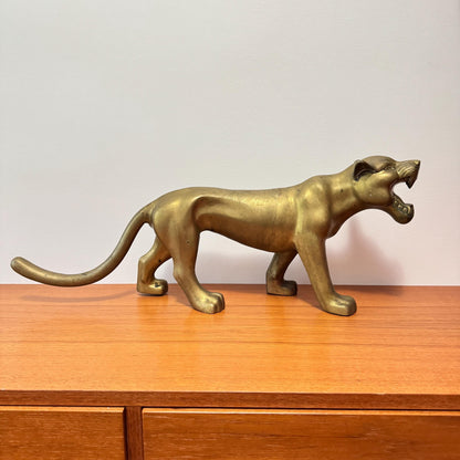 Substantial Vintage Modern Brass Panther Cat Sculpture - Vintage Brass Wild Cat Figurine