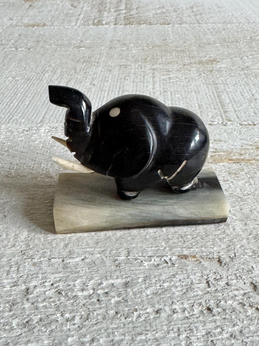 Vintage Miniature Elephant Figurine Made with Horn - Carved Lucky Elephant Decor - Made in Thailand