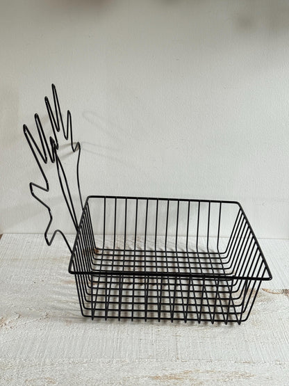 Black Wire Basket with Two Open Hands on Back - Finger Puppet Hand Display Basket for Retail or Markets
