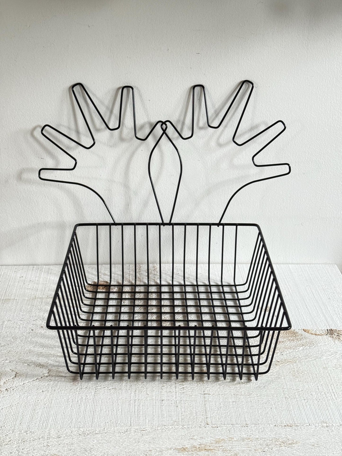 Black Wire Basket with Two Open Hands on Back - Finger Puppet Hand Display Basket for Retail or Markets