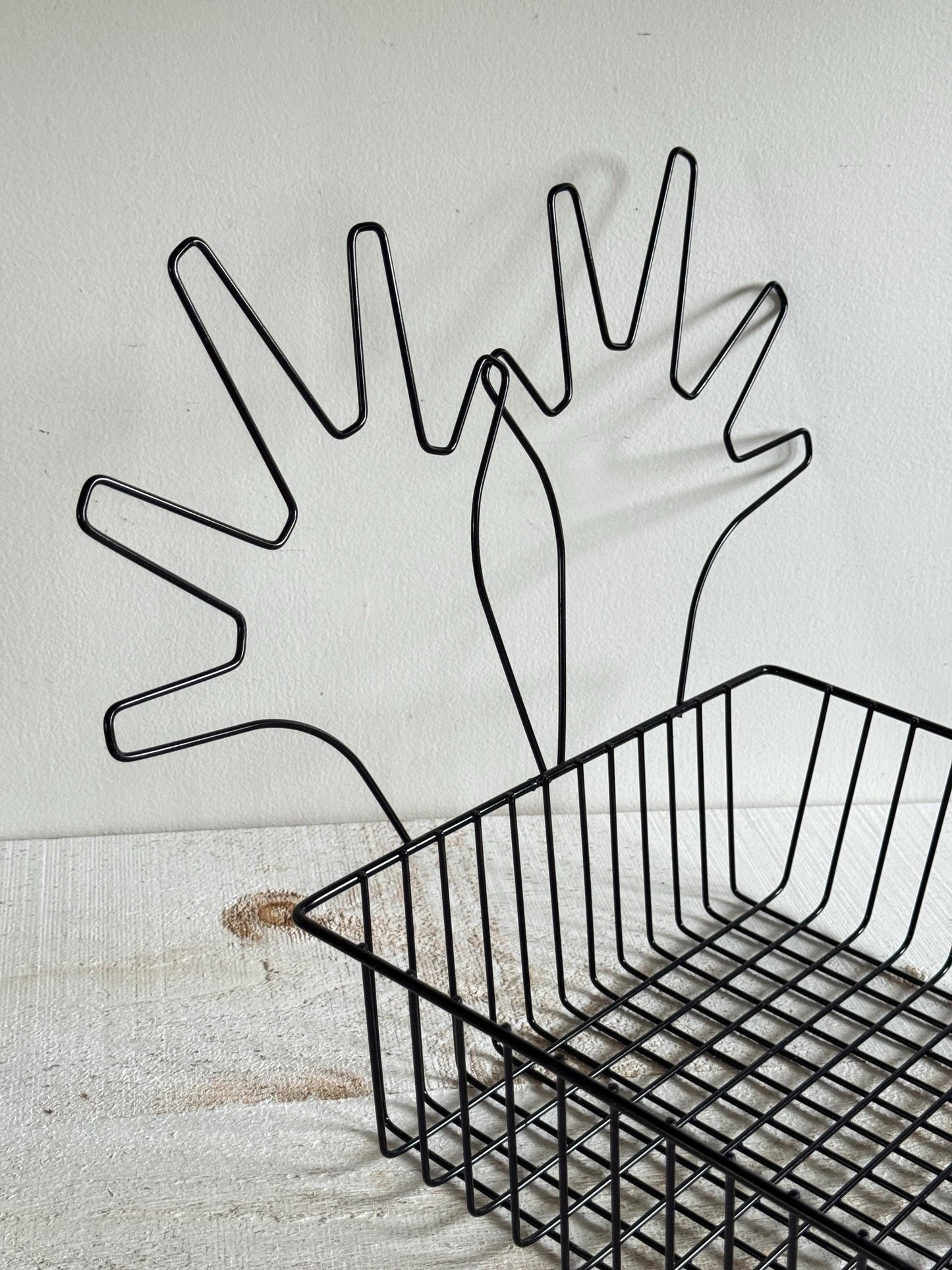Black Wire Basket with Two Open Hands on Back - Finger Puppet Hand Display Basket for Retail or Markets