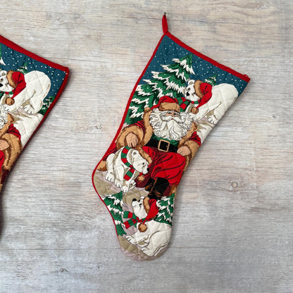 Set of Three Quilted Christmas Stockings - Vintage Santa Claus with Polar Bear Vintage Printed Fabric Sock Stockings