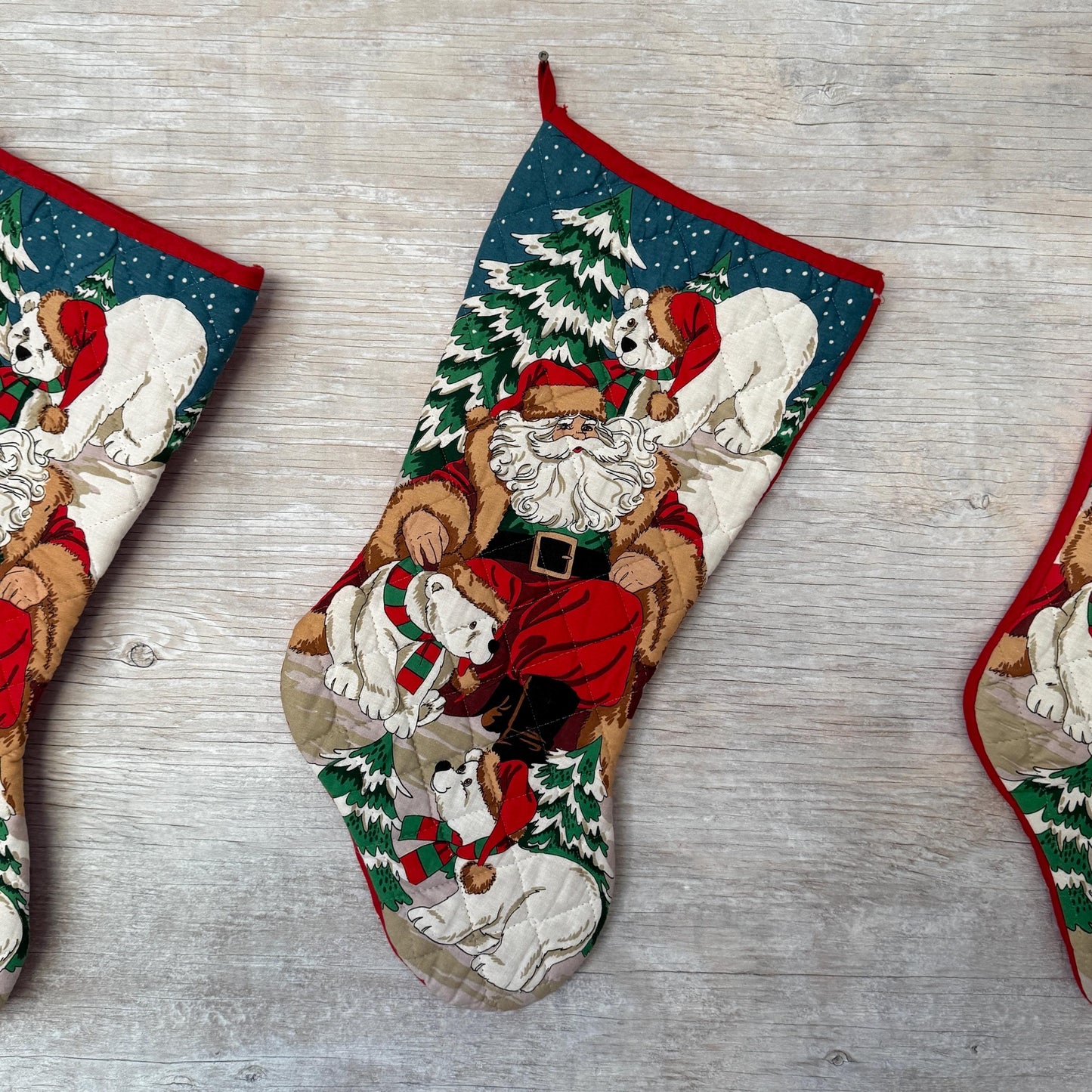 Set of Three Quilted Christmas Stockings - Vintage Santa Claus with Polar Bear Vintage Printed Fabric Sock Stockings