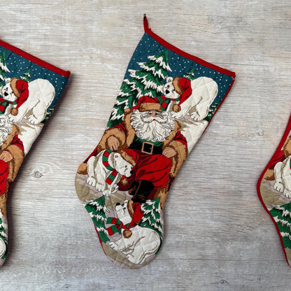 Set of Three Quilted Christmas Stockings - Vintage Santa Claus with Polar Bear Vintage Printed Fabric Sock Stockings