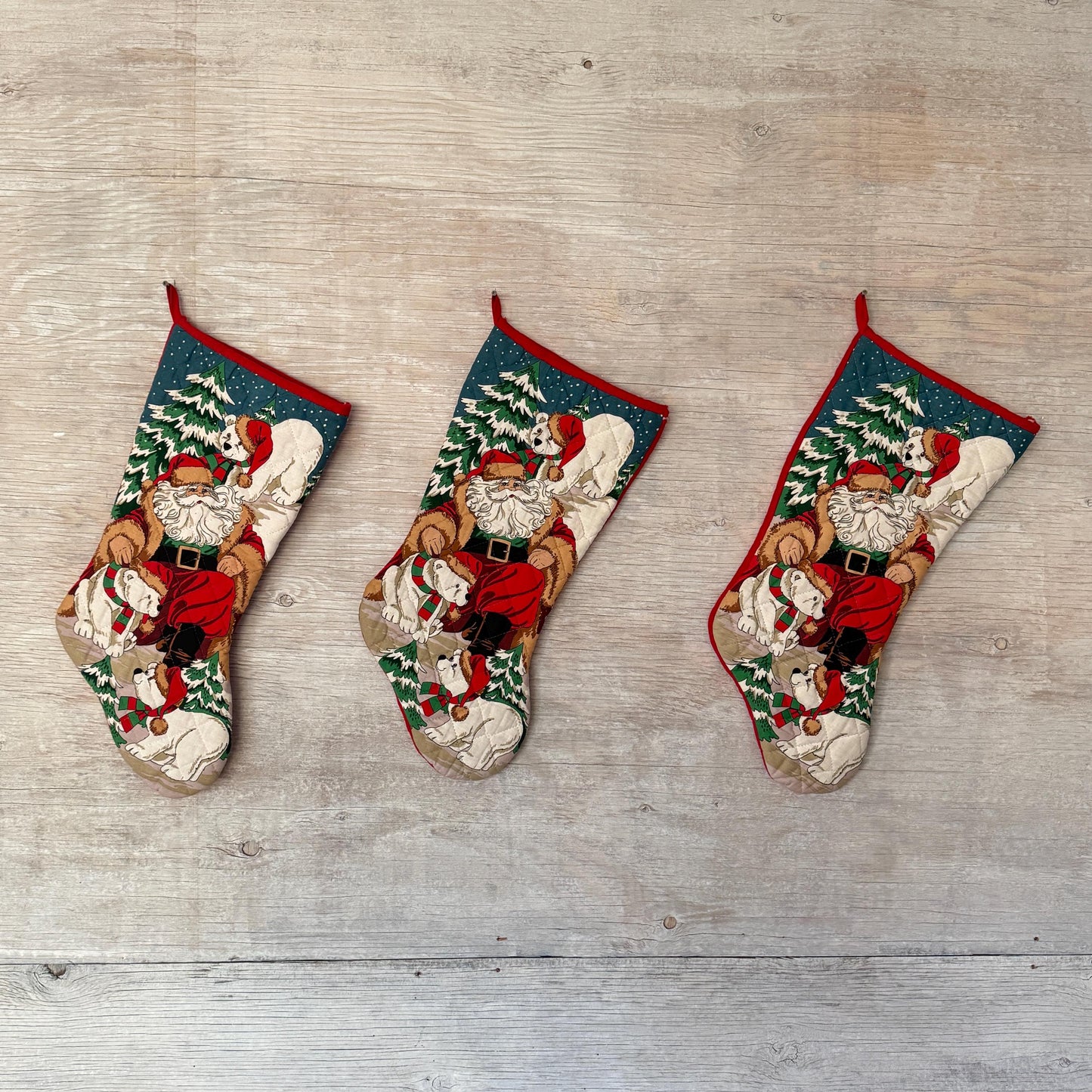 Set of Three Quilted Christmas Stockings - Vintage Santa Claus with Polar Bear Vintage Printed Fabric Sock Stockings