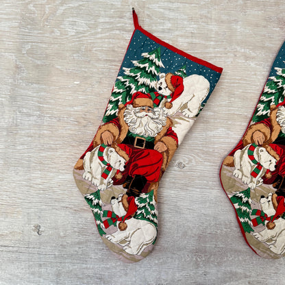 Set of Three Quilted Christmas Stockings - Vintage Santa Claus with Polar Bear Vintage Printed Fabric Sock Stockings
