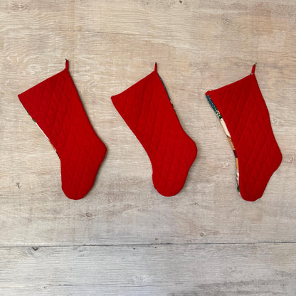 Set of Three Quilted Christmas Stockings - Vintage Santa Claus with Polar Bear Vintage Printed Fabric Sock Stockings