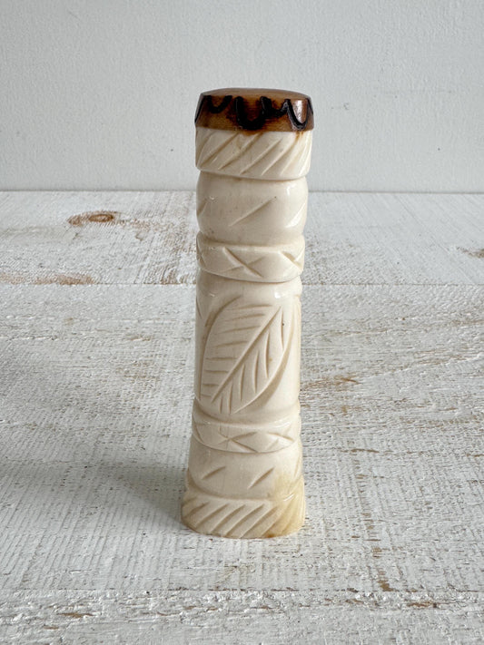 Vintage Hand Carved Bone Decorative Piece with Wooden Cap