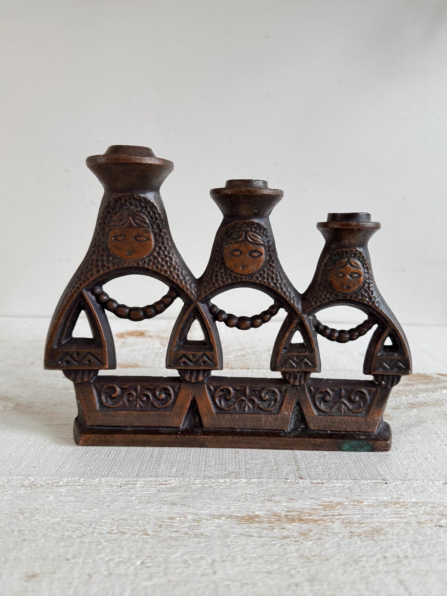 Vintage Matryoshka Candle Holder - Soviet Iron Candelabra with Three Dolls