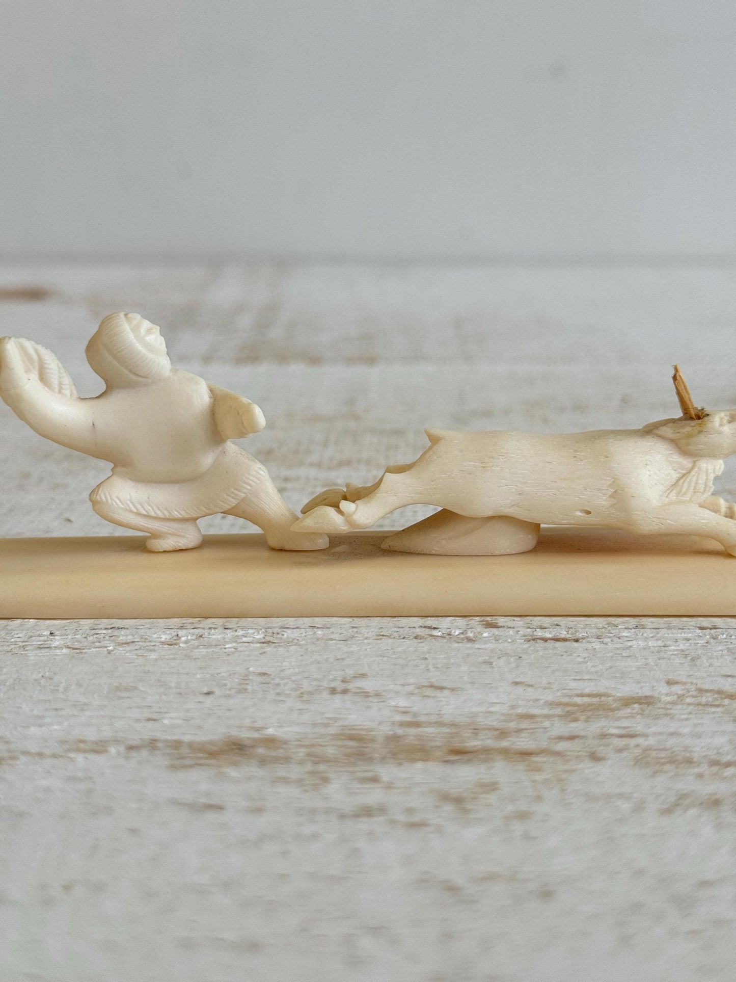 Vintage Miniature Reindeer Hunter Figurine Made with Horn