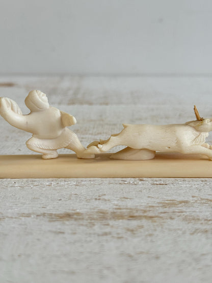 Vintage Miniature Reindeer Hunter Figurine Made with Horn