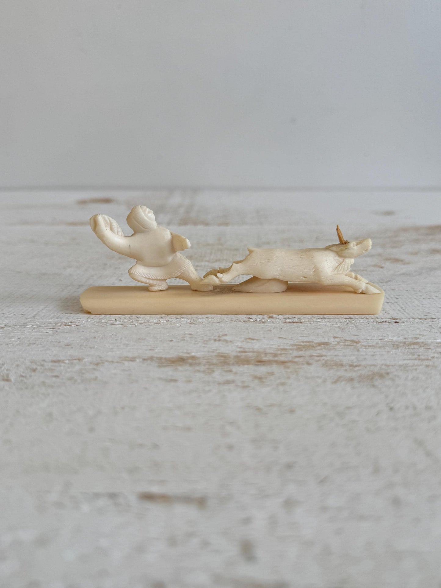 Vintage Miniature Reindeer Hunter Figurine Made with Horn