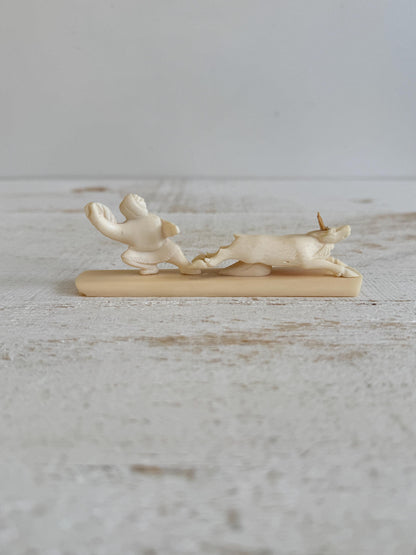 Vintage Miniature Reindeer Hunter Figurine Made with Horn