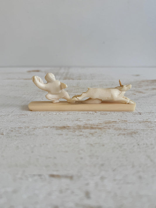 Vintage Miniature Reindeer Hunter Figurine Made with Horn