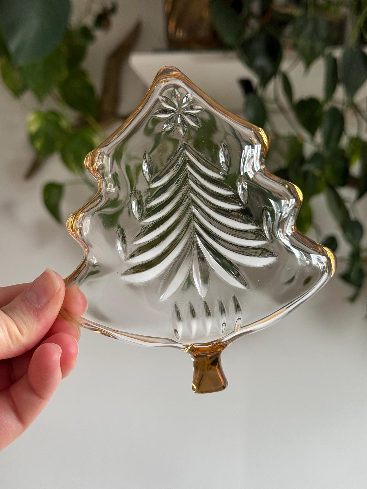 Vintage Clear Glass Christmas Tree Trinket Dish with Gold Trim - Mini Holiday Plate