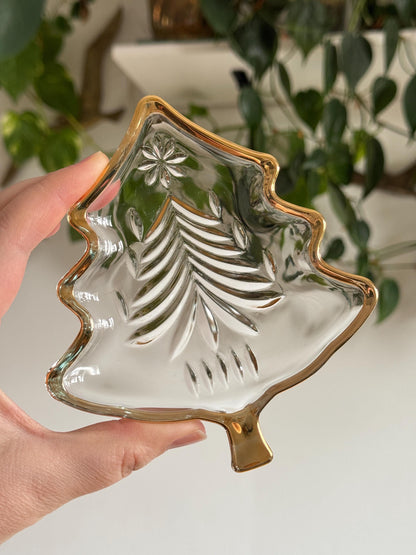 Vintage Clear Glass Christmas Tree Trinket Dish with Gold Trim - Mini Holiday Plate