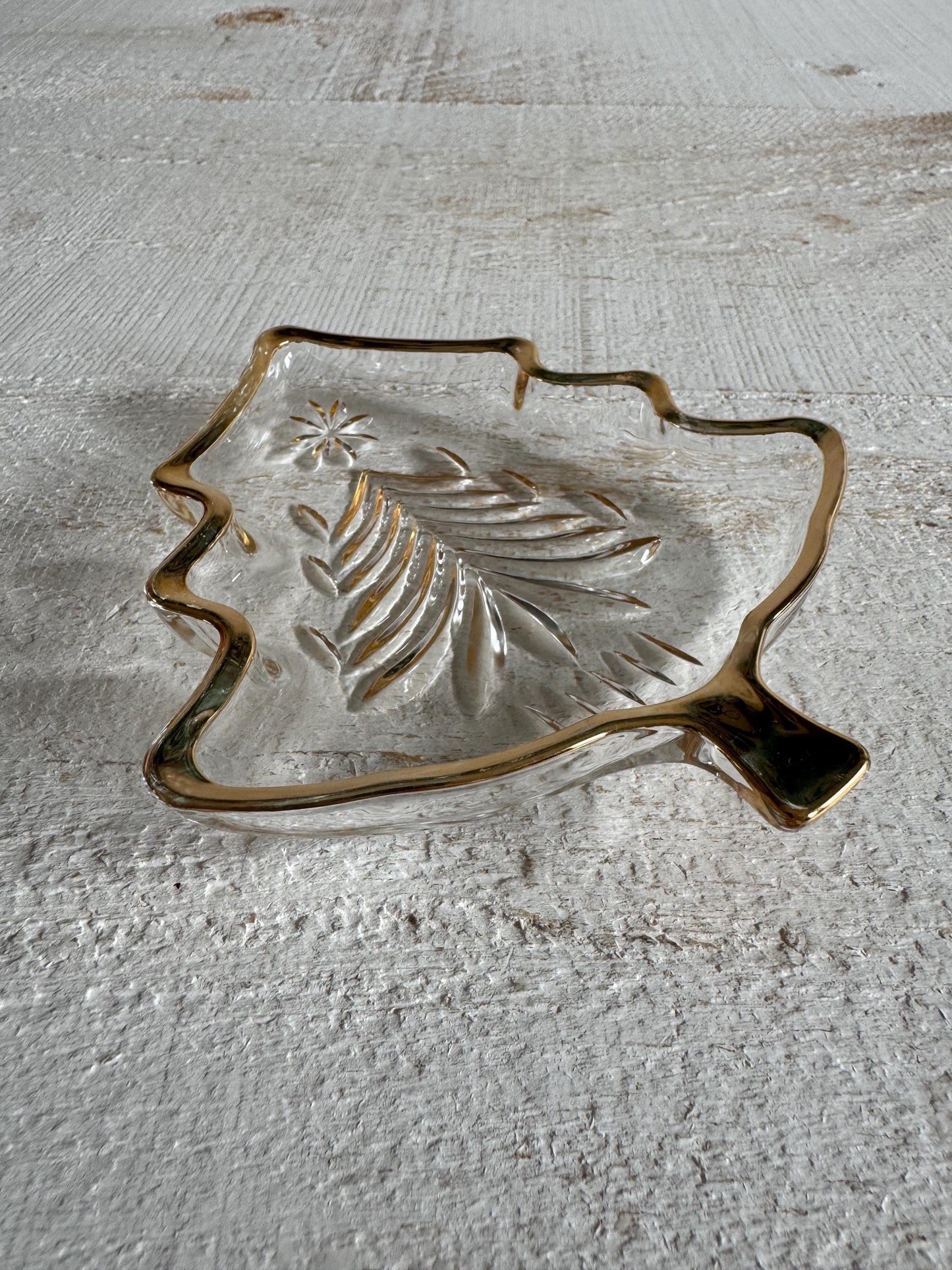 Vintage Clear Glass Christmas Tree Trinket Dish with Gold Trim - Mini Holiday Plate