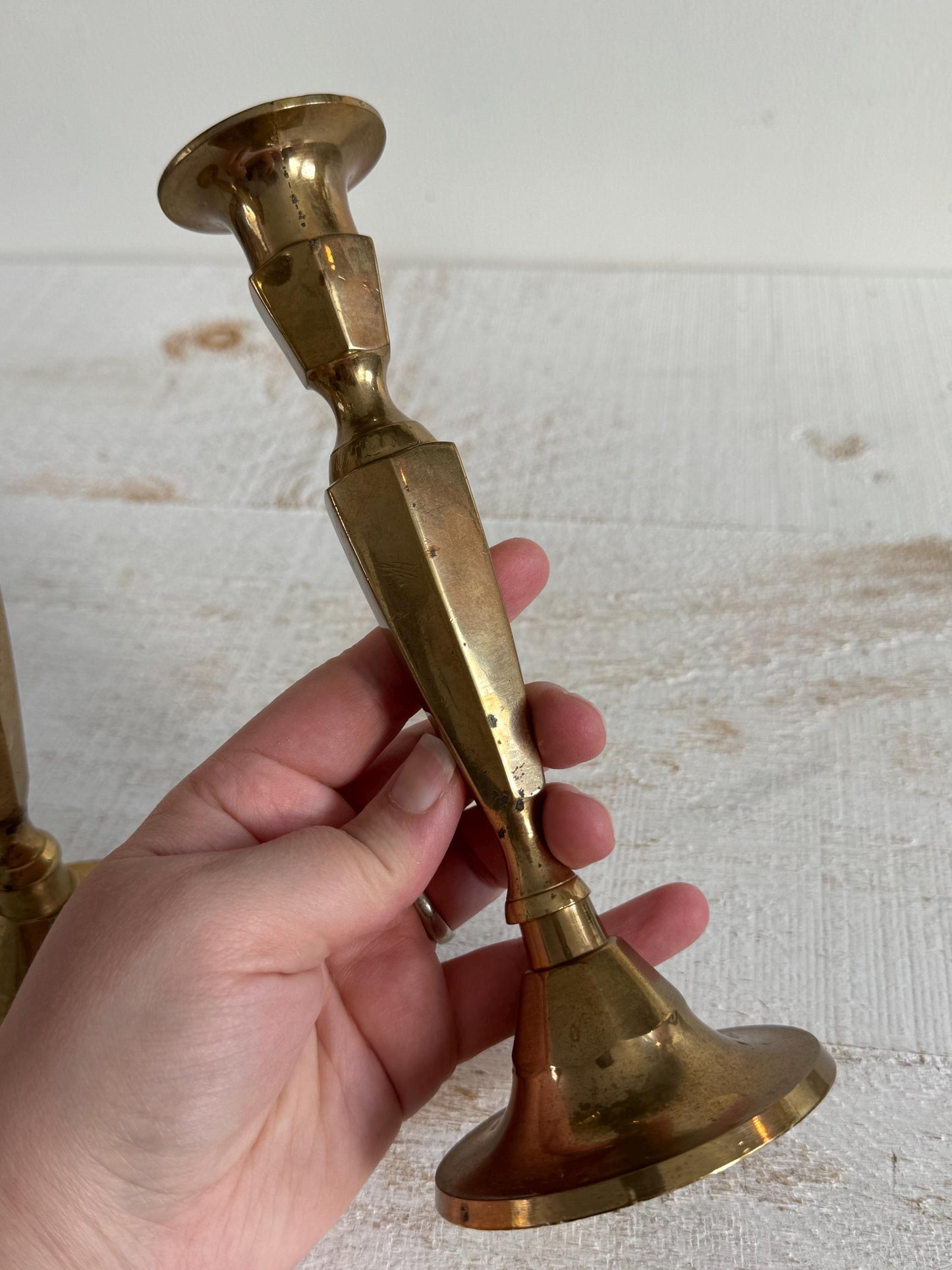 Set of Two Vintage Brass Plated Candle Stick Holders with Patina - Brass Candlestick Holder - Made in India