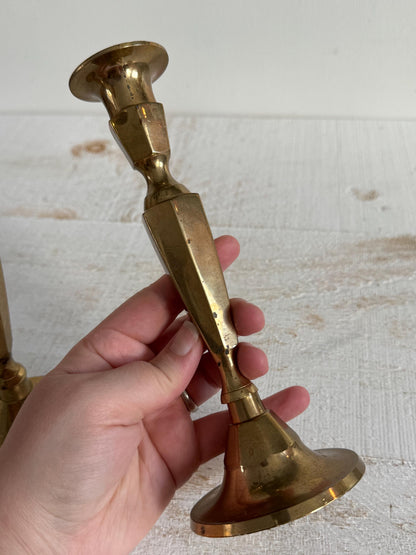 Set of Two Vintage Brass Plated Candle Stick Holders with Patina - Brass Candlestick Holder - Made in India