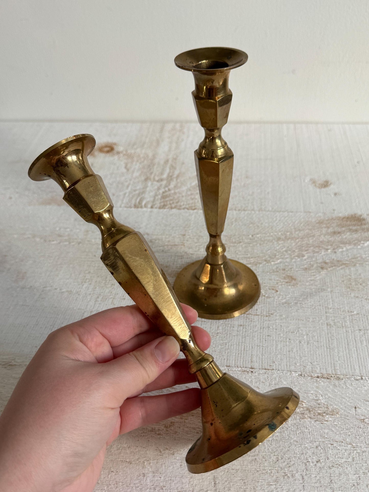 Set of Two Vintage Brass Plated Candle Stick Holders with Patina - Brass Candlestick Holder - Made in India