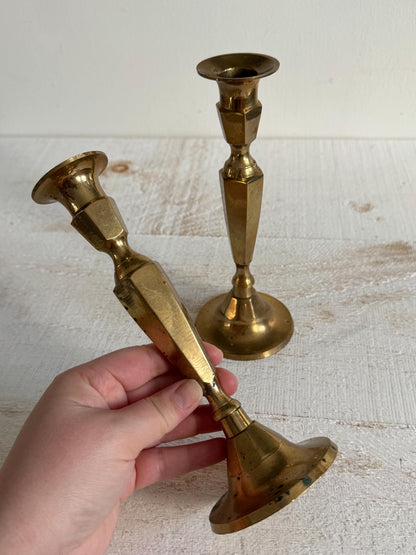 Set of Two Vintage Brass Plated Candle Stick Holders with Patina - Brass Candlestick Holder - Made in India