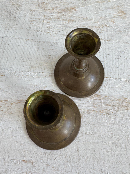 Set of Two Vintage Brass Candle Stick Holders with Round Base - Brass Candlestick Holder - Made in India