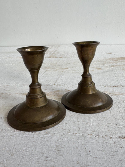Set of Two Vintage Brass Candle Stick Holders with Round Base - Brass Candlestick Holder - Made in India