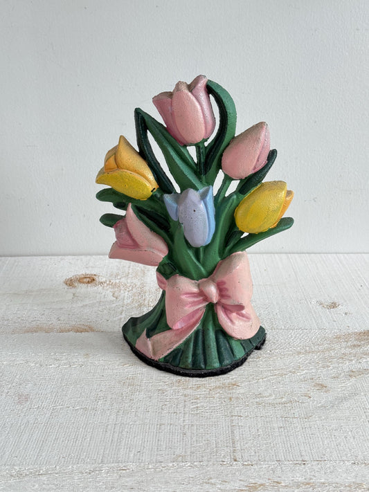 Vintage Heavy Painted Cast Iron Flower Door Stop - Floral Bouquet with Ribbon Door Holder - Made in Taiwan