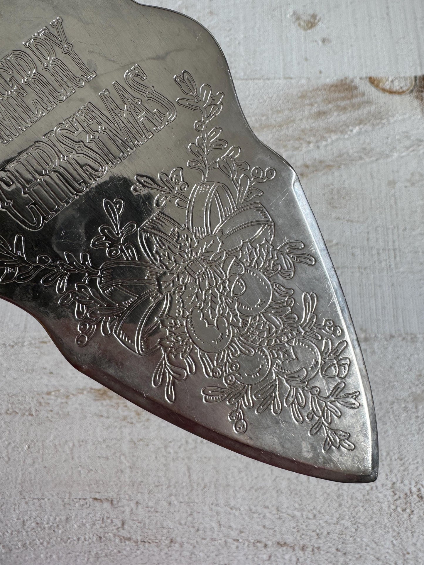 Vintage Silver Tone Etched Merry Christmas Cake Serving Utensil - Silver Tone Cake Knife Server