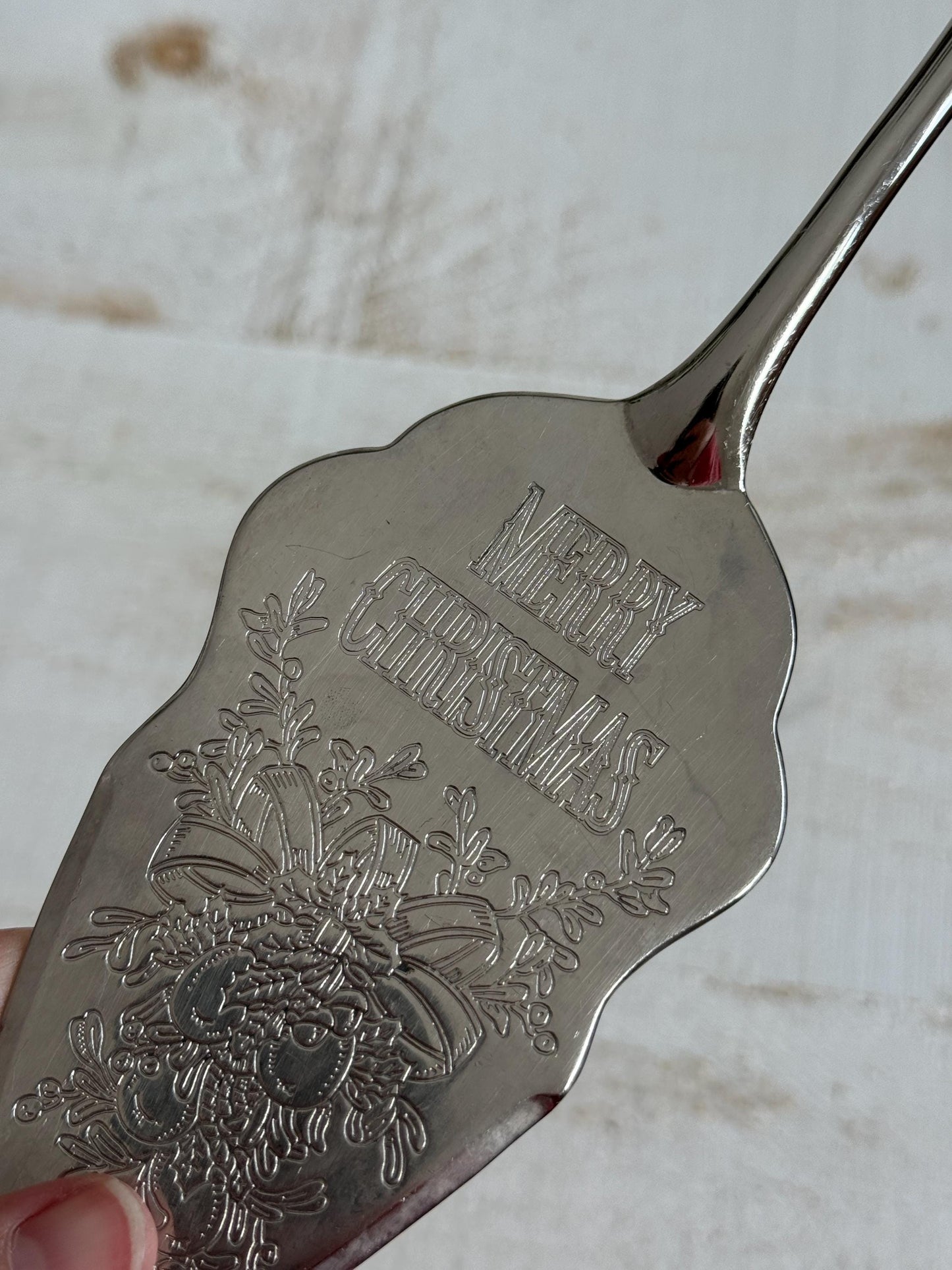 Vintage Silver Tone Etched Merry Christmas Cake Serving Utensil - Silver Tone Cake Knife Server