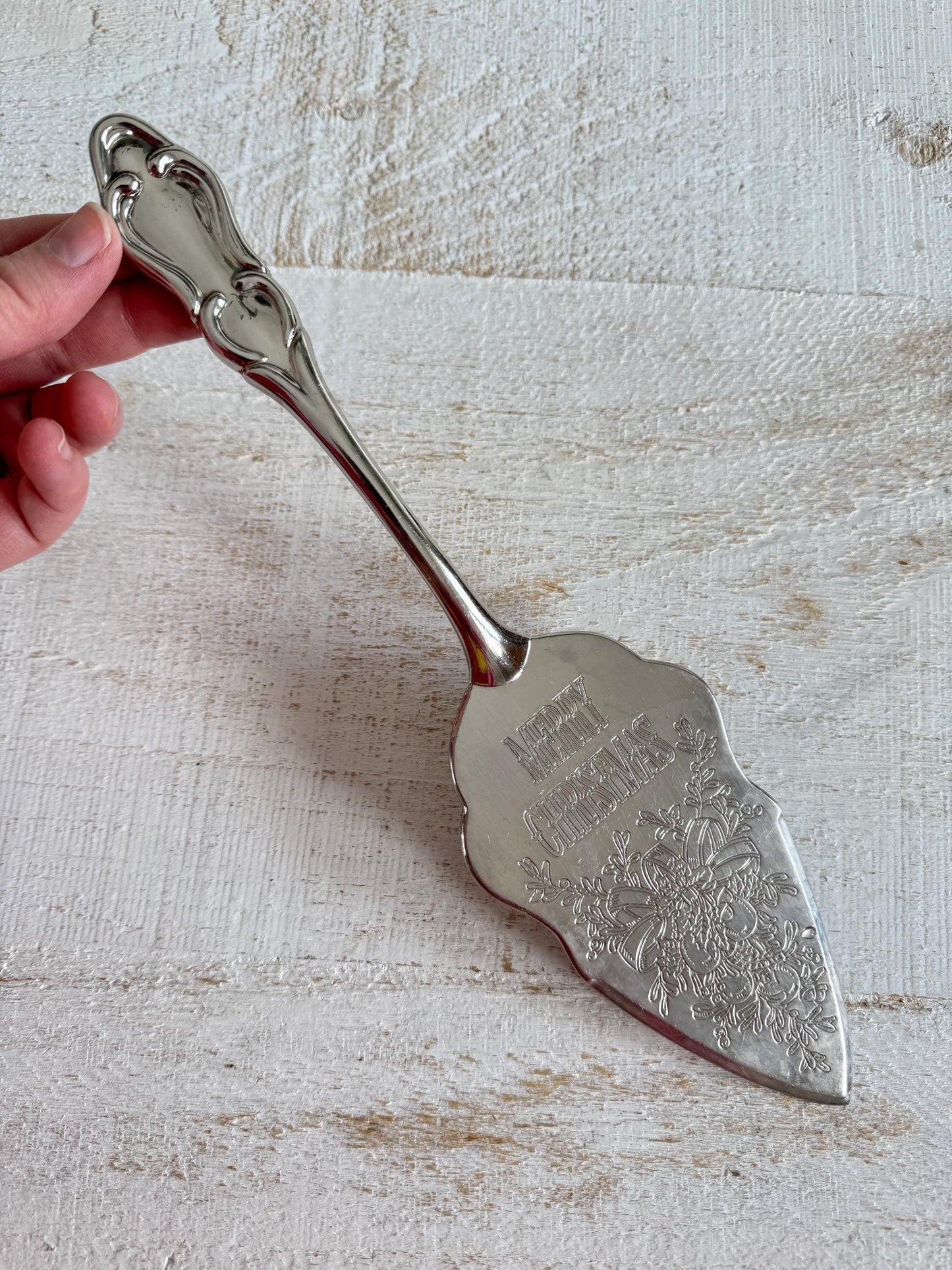 Vintage Silver Tone Etched Merry Christmas Cake Serving Utensil - Silver Tone Cake Knife Server
