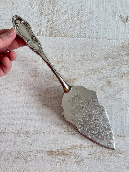 Vintage Silver Tone Etched Merry Christmas Cake Serving Utensil - Silver Tone Cake Knife Server