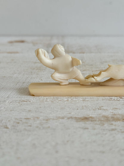 Vintage Miniature Reindeer Hunter Figurine Made with Horn