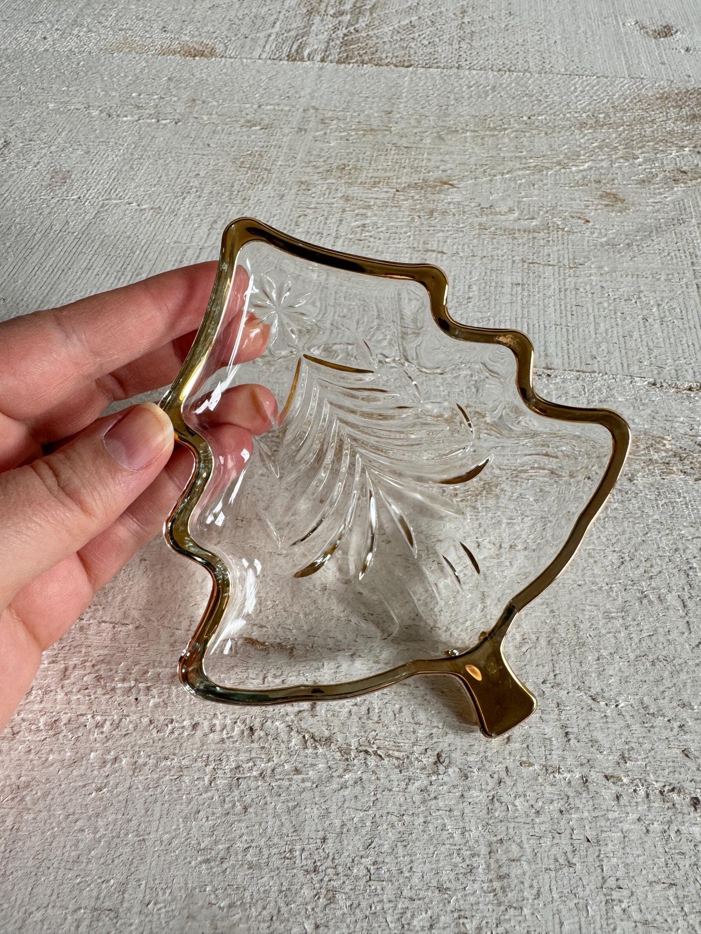 Vintage Clear Glass Christmas Tree Trinket Dish with Gold Trim - Mini Holiday Plate