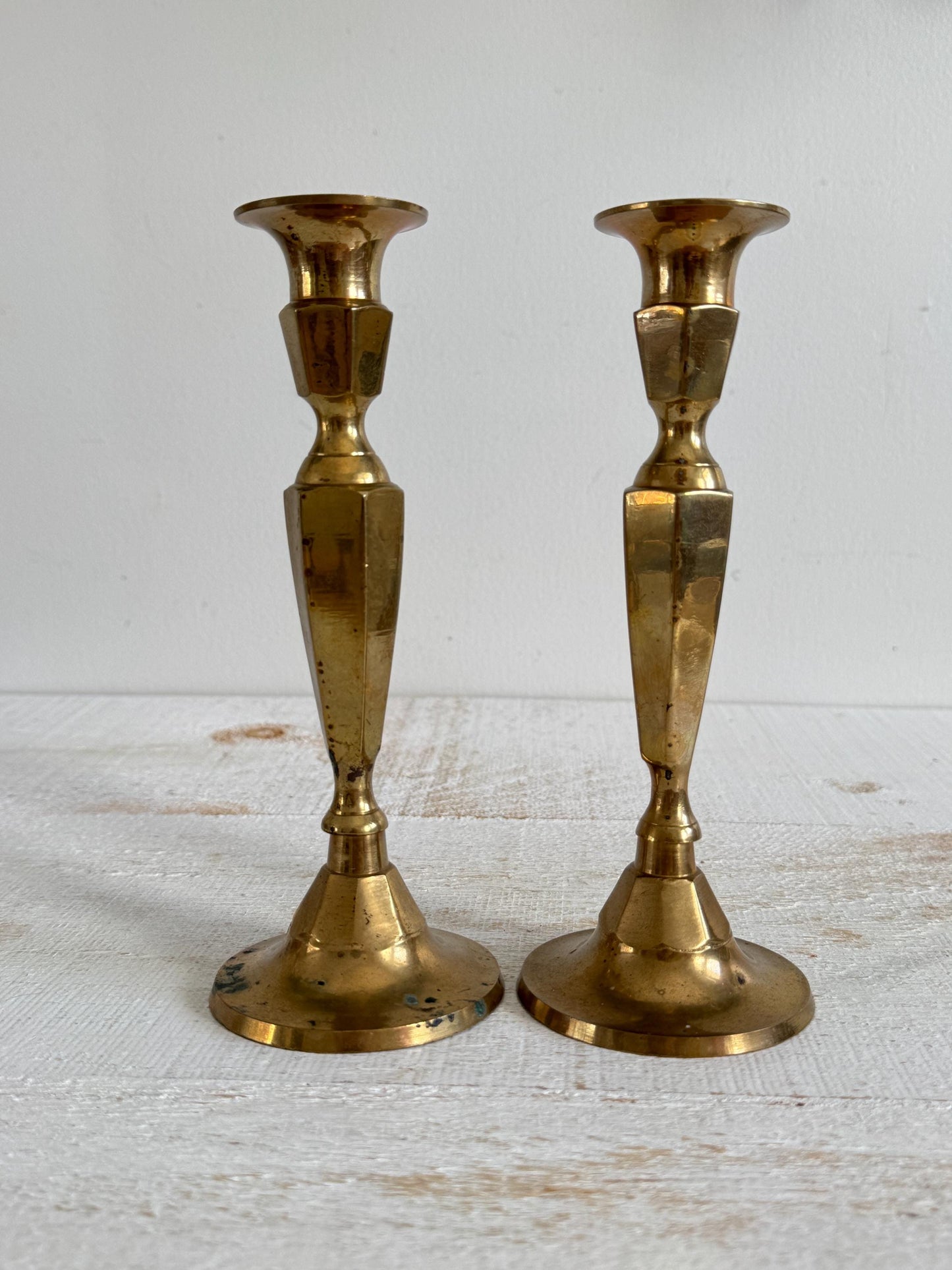 Set of Two Vintage Brass Plated Candle Stick Holders with Patina - Brass Candlestick Holder - Made in India