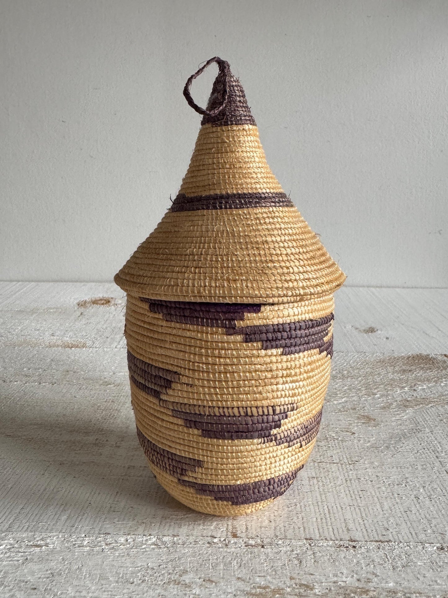 Woven Tight Woven Coil Basket with Pointed Lid - Small Storage Basket with Woven Detailed and Point Top