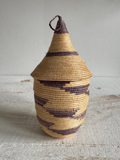 Woven Tight Woven Coil Basket with Pointed Lid - Small Storage Basket with Woven Detailed and Point Top