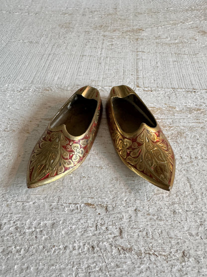 Vintage Pair of Brass with Enamel Shoe Figures - Collectible Ashtray Holder Shaped Like Shoes
