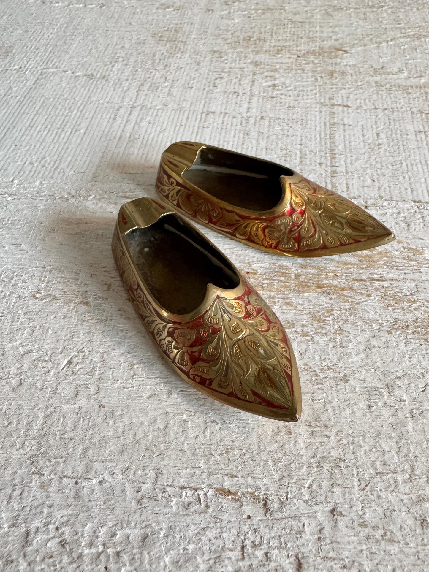 Vintage Pair of Brass with Enamel Shoe Figures - Collectible Ashtray Holder Shaped Like Shoes