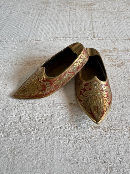 Vintage Pair of Brass with Enamel Shoe Figures - Collectible Ashtray Holder Shaped Like Shoes